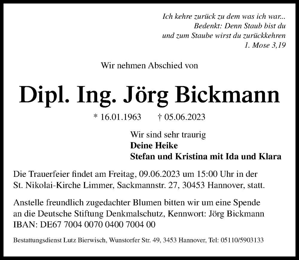  Traueranzeige für Jörg Bickmann vom 07.06.2023 aus Hannoversche Allgemeine Zeitung/Neue Presse