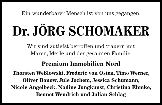 Traueranzeige von Jörg Schomaker von Kieler Nachrichten