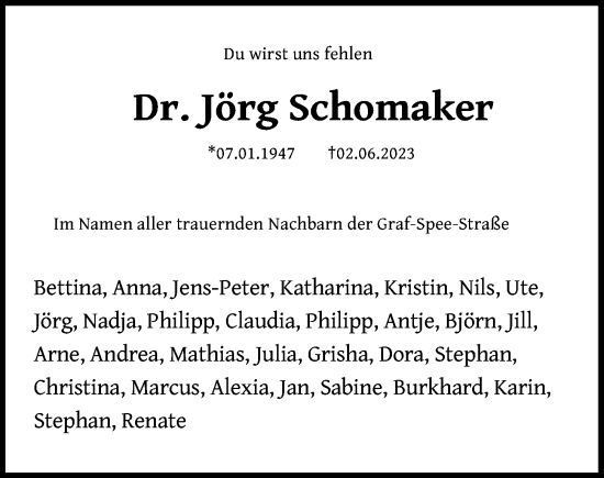 Traueranzeige von Jörg Schomaker von Kieler Nachrichten