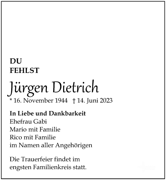 Traueranzeige von Jürgen Dietrich von Leipziger Volkszeitung