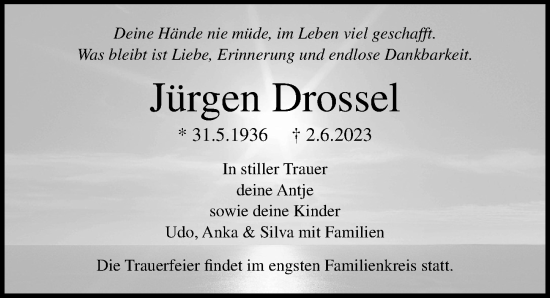 Traueranzeige von Jürgen Drossel von Ostsee-Zeitung GmbH