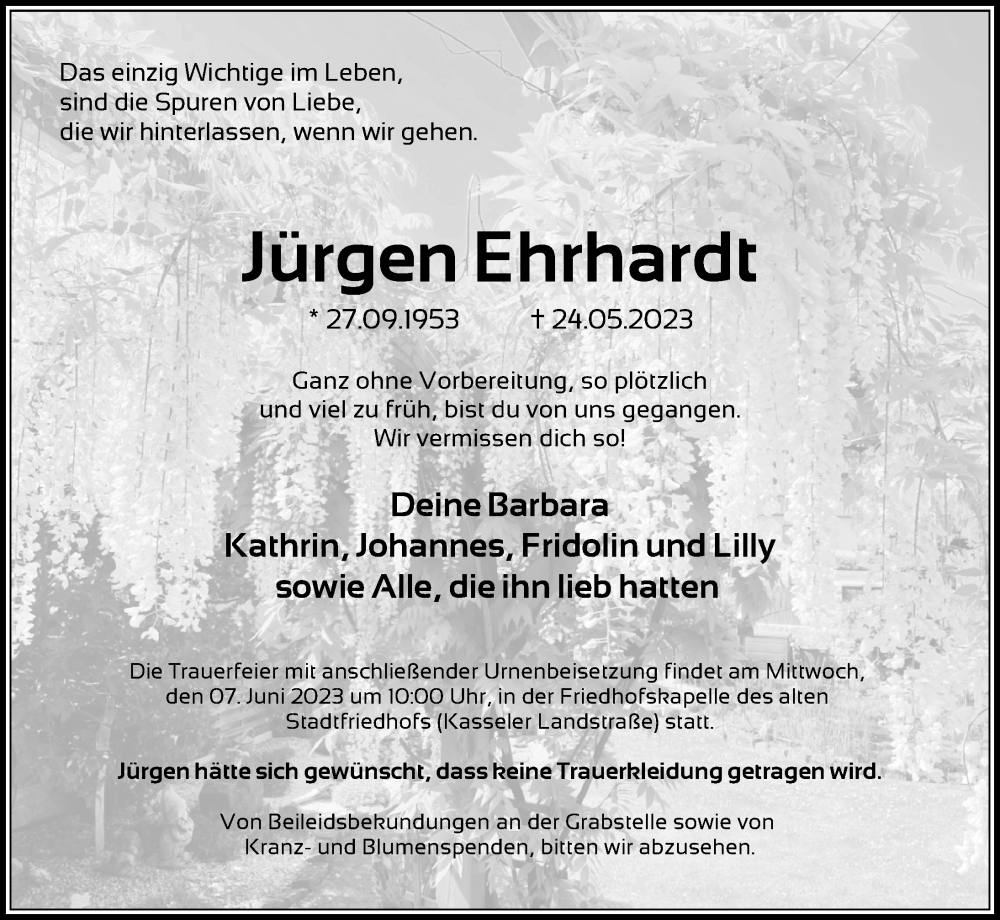  Traueranzeige für Jürgen Ehrhardt vom 03.06.2023 aus Göttinger Tageblatt