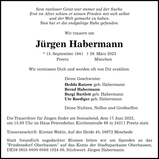 Traueranzeige von Jürgen Habermann von Kieler Nachrichten