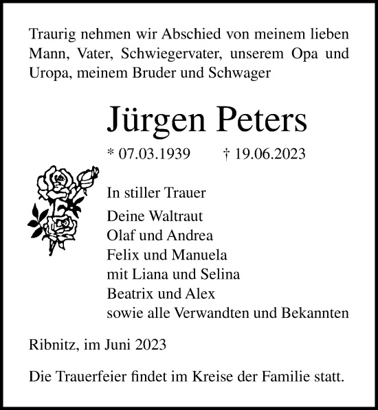 Traueranzeige von Jürgen Peters von Ostsee-Zeitung GmbH