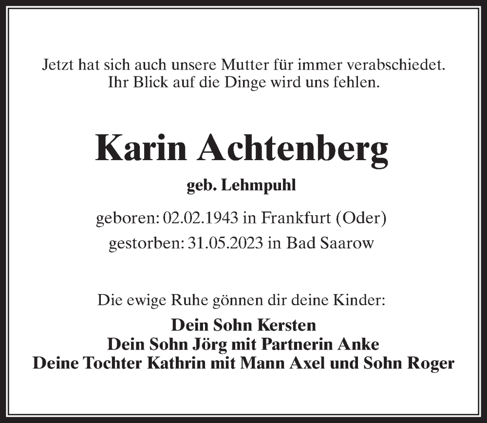  Traueranzeige für Karin Achtenberg vom 03.06.2023 aus Märkischen Allgemeine Zeitung