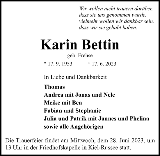 Traueranzeige von Karin Bettin von Kieler Nachrichten