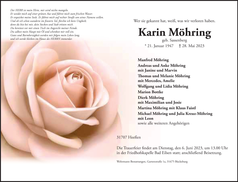  Traueranzeige für Karin Möhring vom 01.06.2023 aus Schaumburger Nachrichten