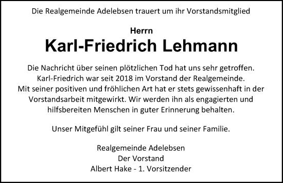 Traueranzeige von Karl-Friedrich Lehmann von Göttinger Tageblatt