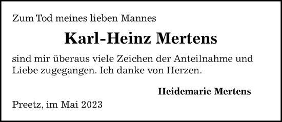 Traueranzeige von Karl-Heinz Mertens von Kieler Nachrichten