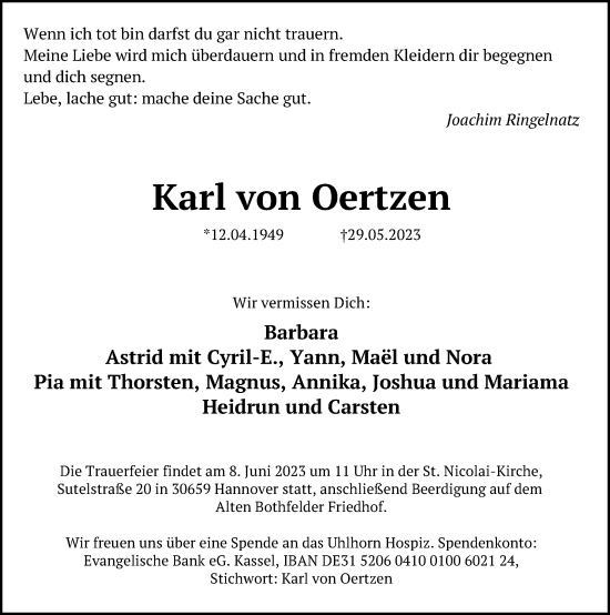 Traueranzeige von Karl von Oertzen von Hannoversche Allgemeine Zeitung/Neue Presse