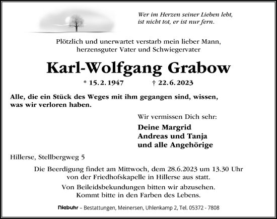 Traueranzeige von Karl-Wolfgang Grabow von Aller Zeitung