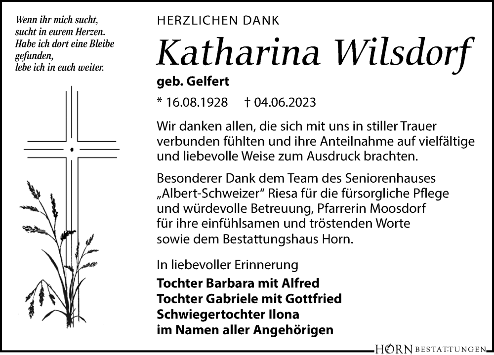  Traueranzeige für Katharina Wilsdorf vom 24.06.2023 aus Leipziger Volkszeitung