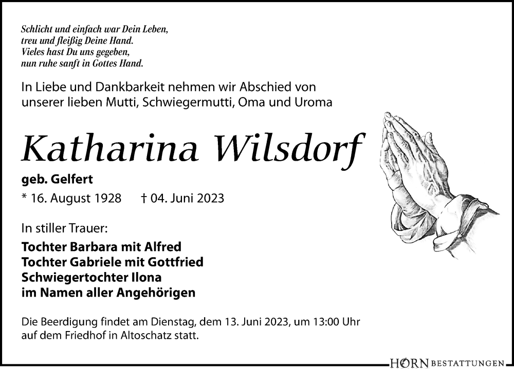  Traueranzeige für Katharina Wilsdorf vom 07.06.2023 aus Leipziger Volkszeitung