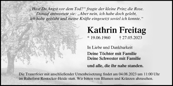 Traueranzeige von Kathrin Freitag von Ostsee-Zeitung GmbH