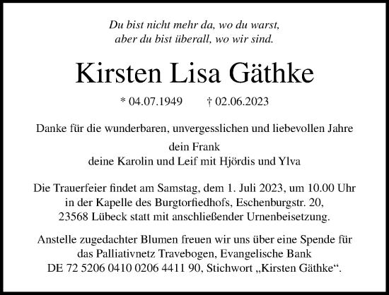 Traueranzeige von Kirsten Lisa Gäthke von Lübecker Nachrichten