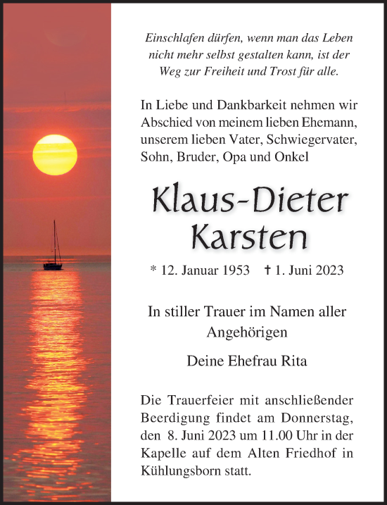Traueranzeige von Klaus-Dieter Karsten von Ostsee-Zeitung GmbH