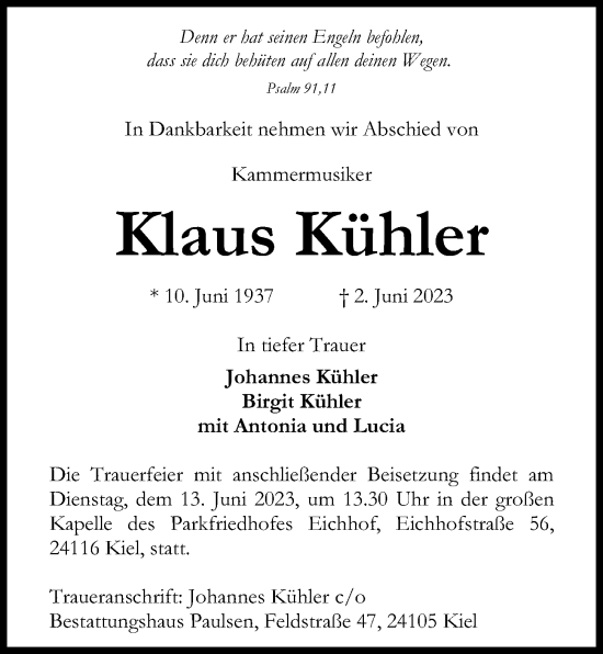 Traueranzeige von Klaus Kühler von Kieler Nachrichten