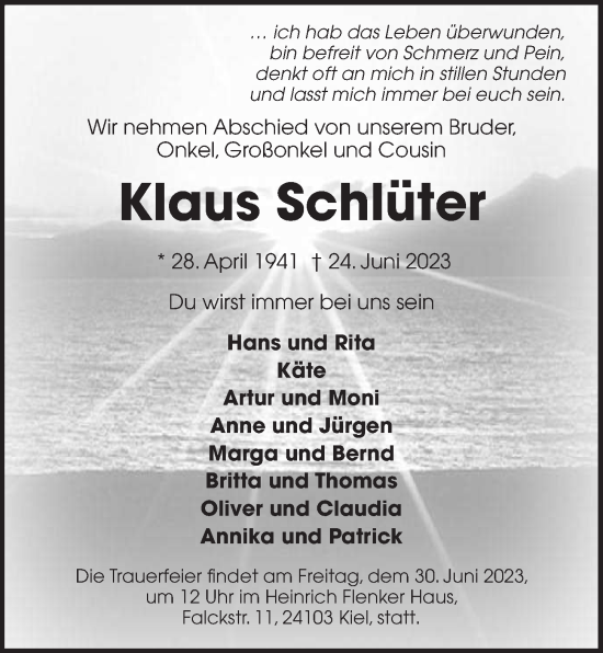 Traueranzeige von Klaus Schlüter von Kieler Nachrichten