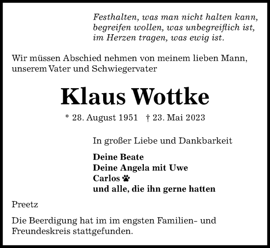 Traueranzeige von Klaus Wottke von Kieler Nachrichten