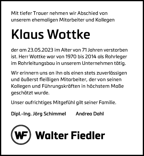 Traueranzeige von Klaus Wottke von Kieler Nachrichten