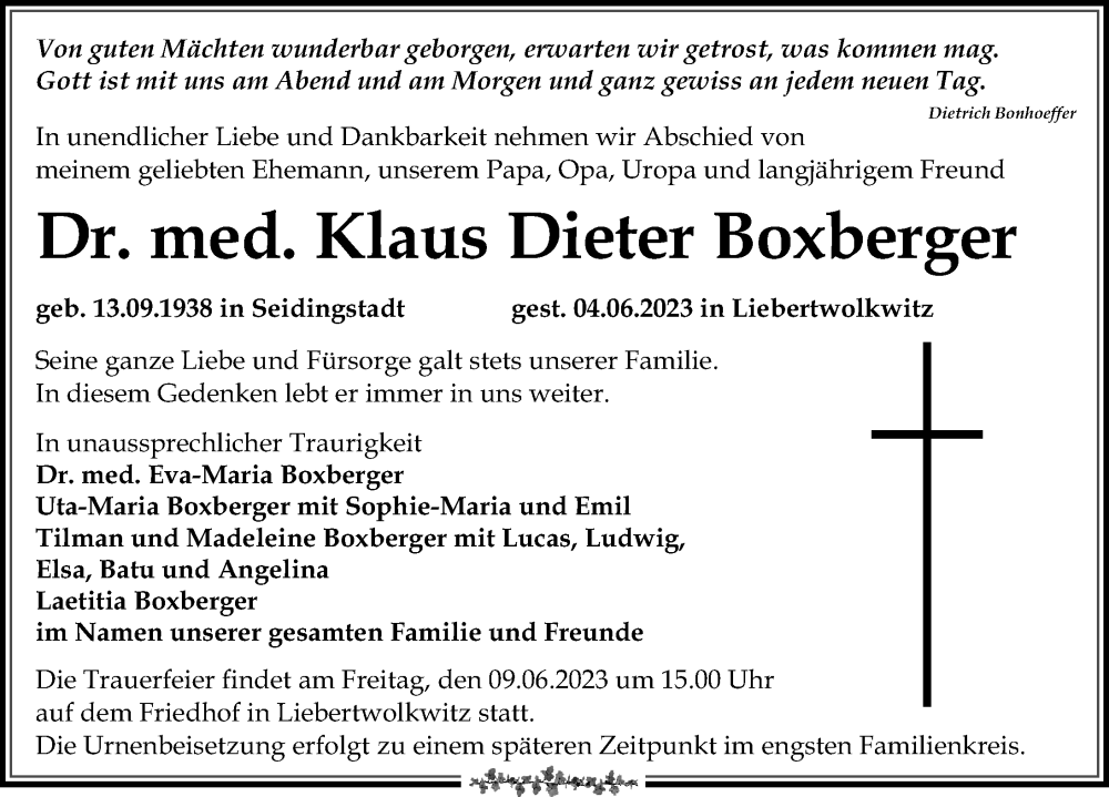  Traueranzeige für Dr. med. Klaus Dieter Boxberger vom 07.06.2023 aus Leipziger Volkszeitung