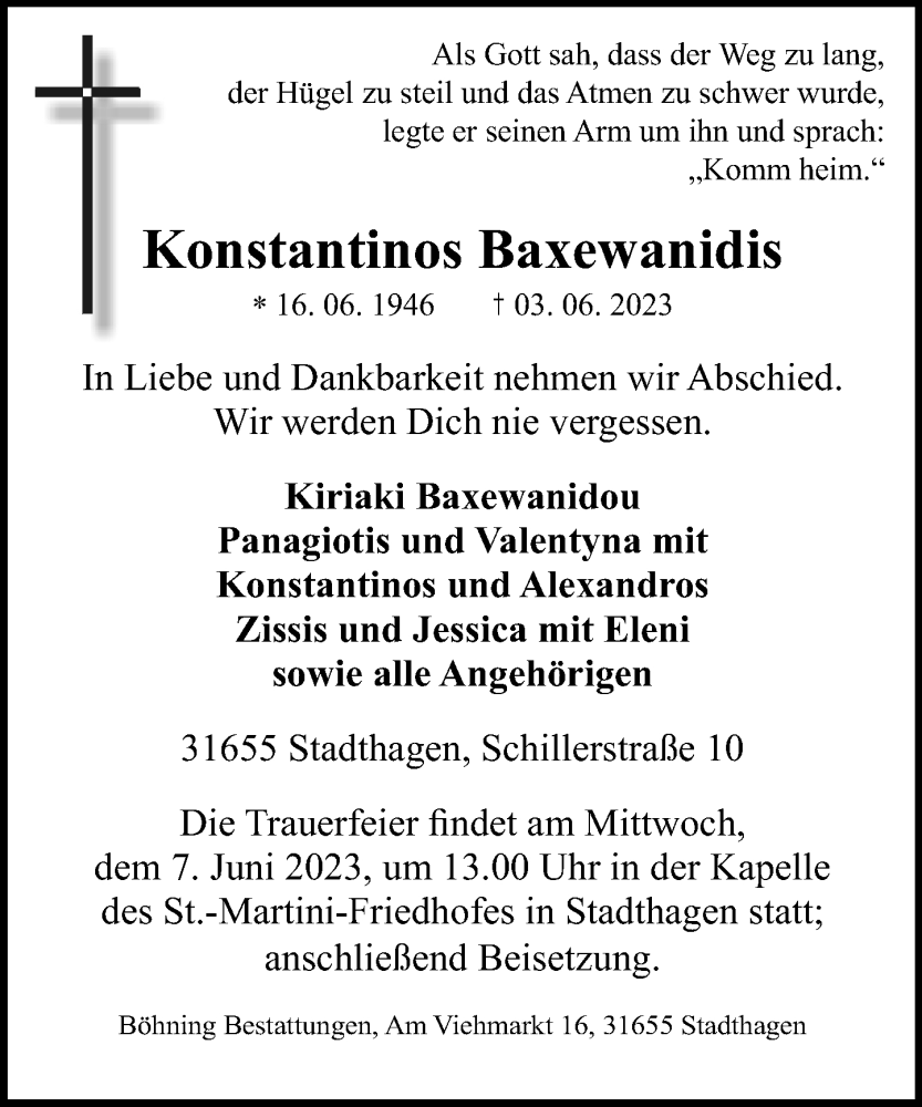  Traueranzeige für Konstantinos Baxewanidis vom 06.06.2023 aus Schaumburger Nachrichten