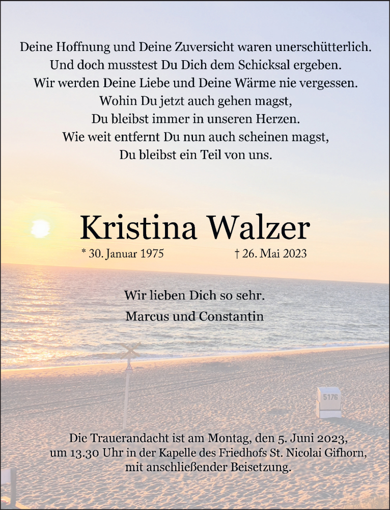  Traueranzeige für Kristina Walzer vom 03.06.2023 aus Aller Zeitung