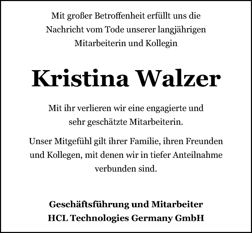  Traueranzeige für Kristina Walzer vom 03.06.2023 aus Aller Zeitung