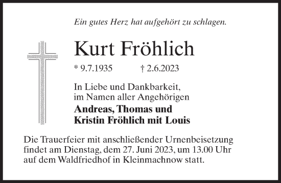 Traueranzeige von Kurt Fröhlich von Märkischen Allgemeine Zeitung