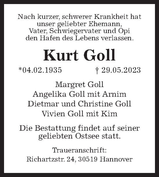 Traueranzeige von Kurt Goll von Hannoversche Allgemeine Zeitung/Neue Presse