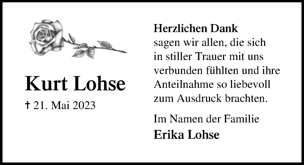  Traueranzeige für Kurt Lohse vom 11.06.2023 aus Lübecker Nachrichten