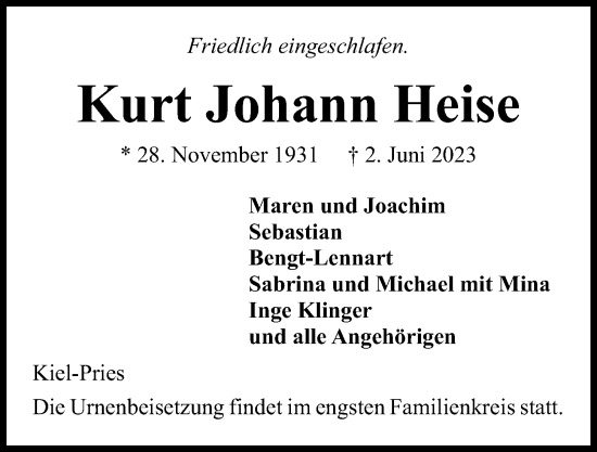 Traueranzeige von Kurt Johann Heise von Kieler Nachrichten