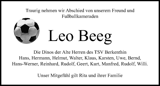 Traueranzeige von Leo Beeg von Lübecker Nachrichten