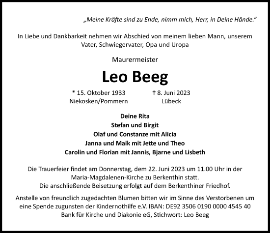 Traueranzeige von Leo Beeg von Lübecker Nachrichten
