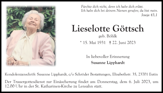 Traueranzeige von Lieselotte Göttsch von Lübecker Nachrichten