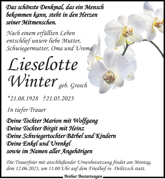 Traueranzeige von Lieselotte Winter von Leipziger Volkszeitung