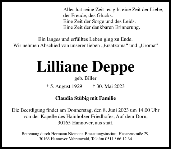 Traueranzeige von Lilliane Deppe von Hannoversche Allgemeine Zeitung/Neue Presse