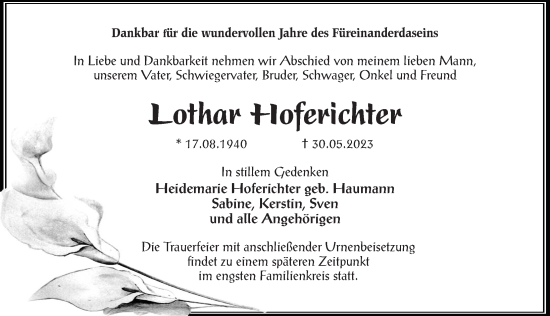 Traueranzeige von Lothar Hoferichter von Märkischen Allgemeine Zeitung