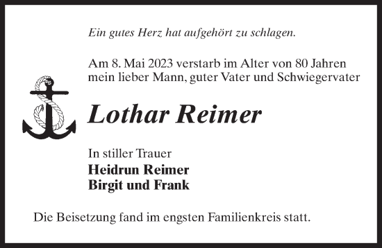 Traueranzeige von Lothar Reimer von Märkischen Allgemeine Zeitung