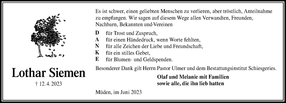  Traueranzeige für Lothar Siemen vom 24.06.2023 aus Aller Zeitung