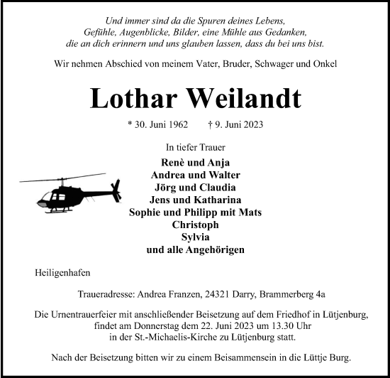 Traueranzeige von Lothar Weilandt von Kieler Nachrichten