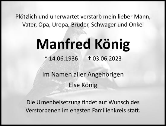 Traueranzeige von Manfred König von Ostsee-Zeitung GmbH