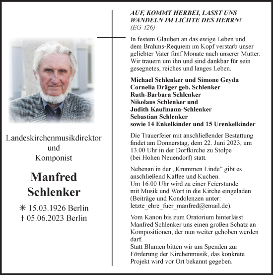 Traueranzeige von Manfred Schlenker von Märkischen Allgemeine Zeitung