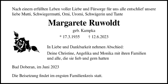 Traueranzeige von Margarete Ruwoldt von Ostsee-Zeitung GmbH
