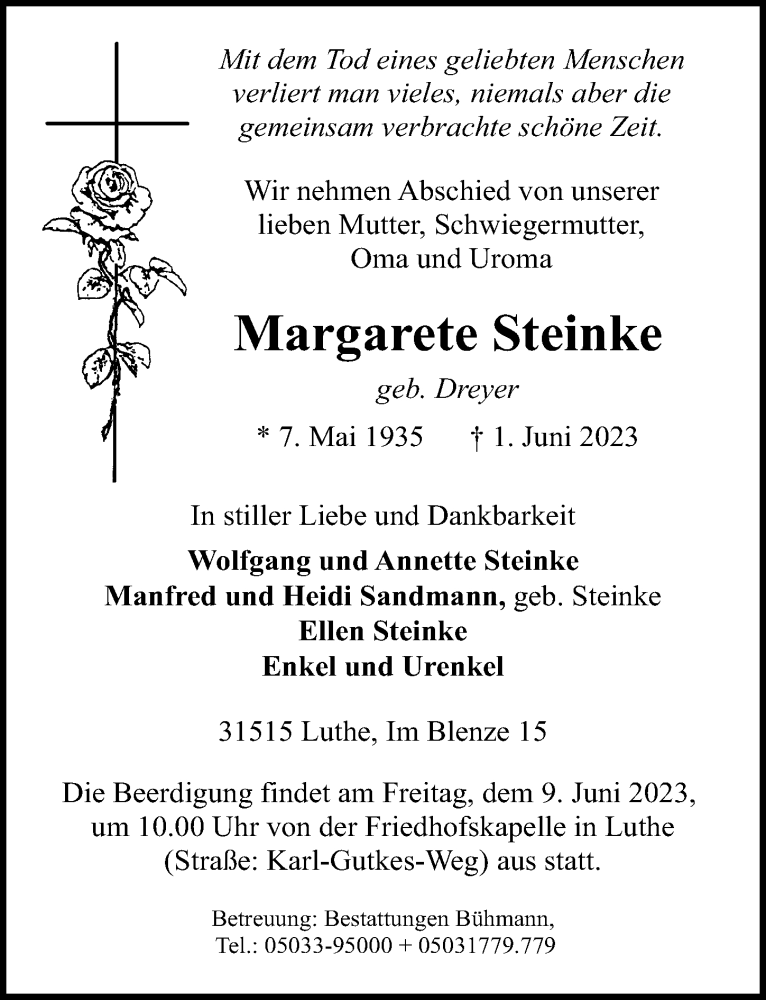  Traueranzeige für Margarete Steinke vom 07.06.2023 aus Hannoversche Allgemeine Zeitung/Neue Presse