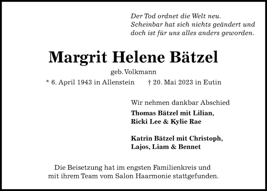 Traueranzeige von Margrit Helene Bätzel von Kieler Nachrichten