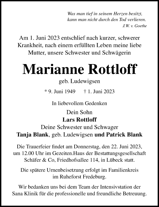 Traueranzeige von Marianne Rottloff von Lübecker Nachrichten