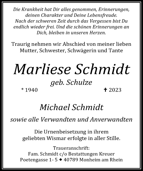 Traueranzeige von Marliese Schmidt von Ostsee-Zeitung GmbH
