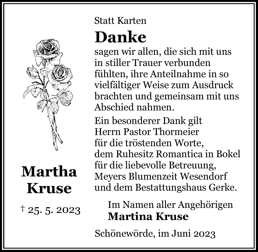  Traueranzeige für Martha Kruse vom 23.06.2023 aus Aller Zeitung