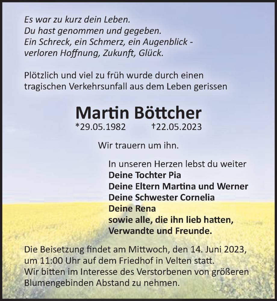  Traueranzeige für Martin Böttcher vom 07.06.2023 aus Märkischen Allgemeine Zeitung